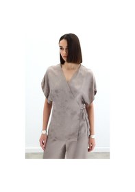 Resim Sateen Bağlamalı Jakarlı Saten Bluz - Vizon-136029 Vizon 