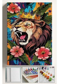 Resim Sayılarla Boyama Seti Numaralı Tuval Fırça Boya Dahil Kasnaklı Set 40x50 Cm - Çiçekli Aslan 