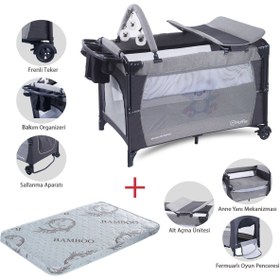 Resim Sleep Side Play Anne Yanı Park Yatak Sallanır Cibinlikli Oyun Parkı Beşik 70X110 Cm Yatak Hediyeli - Gri 