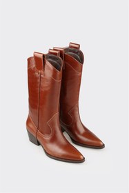 Resim Elle Taba Deri Kadın Western Çizme 