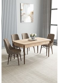 Resim Jusie Meşe Desen 80x132 Açılabilir Mutfak Masası Takımı 4 Adet Sandalye Cappucino 