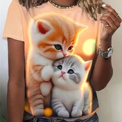 Resim Kadınlar İçin Şık Kedi Baskılı Tişört - Yumuşak Şeftali Kısa Kollu, Sevimli Turuncu ve Beyaz Kediler Desenli, Makinede Yıkanabilir İlkbahar/Sonbahar Rahat Giyim, Yuvarlak Yaka, Kolay Bakım Kumaşlı, Sonbahar Modası 