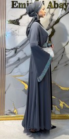 Resim Önü Swarovski Taşlı Şık Gri Abaya - 3 Parça Set (Şal ve Kemer Dahil) TM47 JS GRI - M / Gri 