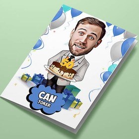 Resim Yaş Pasta Üfleyen Erkek Karikatürlü Tebrik Kartı 