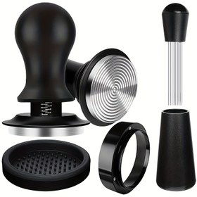 Resim İtalyan Espresso Presi Tozu Seti 4 adet 8 adet Yatay Sabit Basınç Elastik Bant Ölçeği Ayarlanabilir 51/53/58mm Paslanmaz Çelik Spiral Taban, Profesyonel Manuel Espresso Presi Tozu Seti, Ev DIY Partileri Ofis Kalitesinde Kahve için Uygun Tam Aksesuarlar 