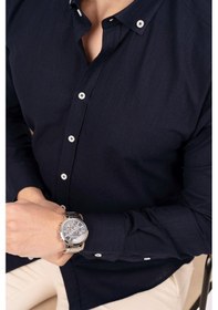 Resim Lacivert Yaka Düğmeli Keten Slimfit Kutulu Gömlek Lacivert 