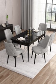 Resim Canisa Are Serisi 80x132 Mdf Açılabilir Siyah Mermer Desen Masa Takımı Ve 6 Gri Sandalye 