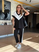 Resim Genel Markalar mrpurple Kadın Kısa Kollu V Yaka Siyah Beyaz Renkli Viskon Iki Iplik Kumaş Eşofman Takımı 