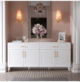 Resim Panjurlu Mdf Membran Kapaklı 4 Kapaklı 2 Çekmeceli Konsol 180 Cm Modern Beyaz Gold Beyaz - Altın 