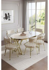 Resim Selenit Mutfak Yemek Masası Takımı- 6 Kişilik Mutfak Masa Sandalye Takımı- Mutfak Masası Takımı Gold Düz Krem 