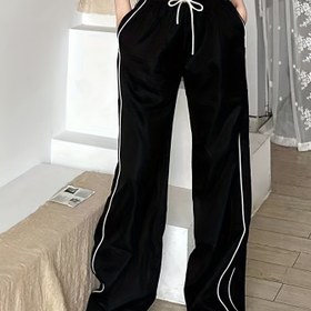 Resim Contrast Binding Drawstring Bel Pantolonu, Y2K Eğimli Cep Baggy Pantolon, Kadın Giyim 