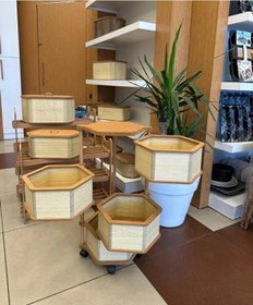 Resim Ahşap Altıgen Sebzelik 4 Katlı Yana Açılır Patates Soğan Tekerlekli Sebzelik Krem Krem 