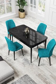 Resim Canisa Par Serisi 70x114 Açılabilir Mdf Mutfak Masası Takımı Siyah Mermer Desen Masa 4 Turkuaz Sandalye 