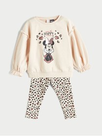 Resim LC Waikiki Bej Bisiklet Yaka Minnie Mouse Baskılı Kız Çocuk Sweatshirt ve Tayt 2'li 
