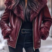 Resim Kadın Şık Retro Suni Kürk Yakalı Fermuarlı Ceket - Kışlık Sıcaklık, Tam Fermuarlı Kapanış, Düz Renk, Günlük Stil, Sonbahar/Kış için Mükemmel, Günlük Dış Giyim 