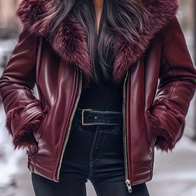 Resim Kadın Şık Retro Suni Kürk Yakalı Fermuarlı Ceket - Kışlık Sıcaklık, Tam Fermuarlı Kapanış, Düz Renk, Günlük Stil, Sonbahar/Kış için Mükemmel, Günlük Dış Giyim 