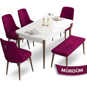 Resim Canisa Concept Taç Serisi 80 x 132 cm Beyaz Masa Ceviz Ayak Yemek Masası Takımı 4 Sandalye Gümüş Halkalı ve 1 Bench 