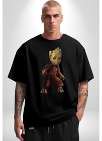 Resim Bebek Groot Guardians Galaxy Pamuklu Bisiklet Yaka Unisex Oversize Boyfriend Dijital Baskılı Siyah T-shirt Siyah 