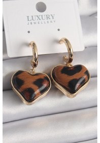 Resim Pirinç Gold Renk 3d Kalp Leopar Desen Model Kadın Küpe Renkli 
