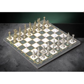 Resim Lüks Metal Satranç Takımı Krom Kaplama Roma Ordusu Figür & Zümrüt Yeşili Mermer Desenli Tahta 20 Cm. 