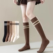 Resim 1 Çift Çizgili Kadın Dizlik Çorapları, Yumuşak Rahat Uzun Tüp Moda Çok Yönlü Kolej Stili Kabarık Çoraplar, 97% Polyester 3% Elastane, Örgü Kumaş, Tüm Mevsimler, Elde Yıkanabilir 