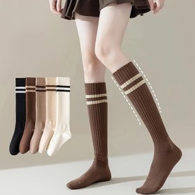 Resim 1 Çift Çizgili Kadın Dizlik Çorapları, Yumuşak Rahat Uzun Tüp Moda Çok Yönlü Kolej Stili Kabarık Çoraplar, 97% Polyester 3% Elastane, Örgü Kumaş, Tüm Mevsimler, Elde Yıkanabilir 