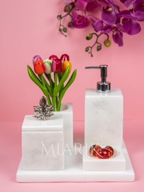 Resim MIARIK DESIGN & DEKORASYON Dekoratif Beyaz Mermer Düz Kare Gold Mercan Detaylı 5 Li Banyo Seti Takımı 