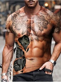 Resim Snapbuy 3d Erkek Kas Dövme T-shirt - Sahte Abs Baskılı Spor Tişört Chınaordu Yeşil Ordu Yeşil 