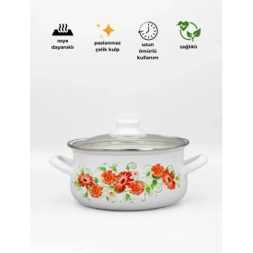 Resim Bonera 16cm Çiçek Desenli Tekli Cam Kapaklı Emaye Güveç Tencere 