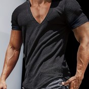 Resim 1pc Erkeklerin Seksi Derin Yaka T-Şört, Dokulu Şerit Örgü Polyester, Slim Fit Kısa Kollu Henley Üstü Yaz Casual Hafta Sonu Giysisi 
