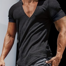 Resim 1pc Erkeklerin Seksi Derin Yaka T-Şört, Dokulu Şerit Örgü Polyester, Slim Fit Kısa Kollu Henley Üstü Yaz Casual Hafta Sonu Giysisi 