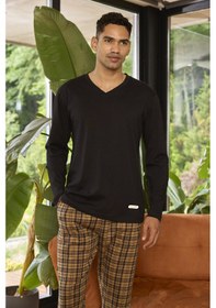 Resim Kly 9265 Erkek V Yaka Ekose Uzun Kol Pijama Takım Siyah 