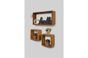 Resim Ahşap Dikdörtgen Duvar Rafı Ceviz Küçük 3lü 