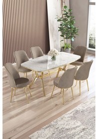 Resim Canisa Lena Serisi 90x160 Lak Panel Beyaz Mermer Desen Gold Ayaklı Masa Takımı Ve 6 Cappucino Sandalye Beyaz Mermer Desen Masa Cappucino Sandalye 