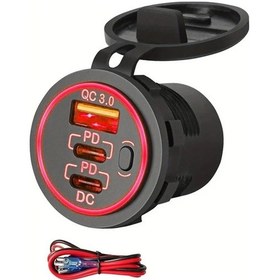 Resim Challenger Pd Qc3.0 60w Araç Çakmak Usb Şarj Aleti, Çift Portlu Dokunmatik Metal Kırmızı Işıklı Çizgili 