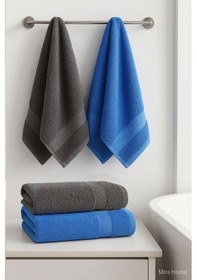 Resim 4 Parça Ekonomik Banyo Havlu Takımı %100 Pamuklu Quickdry Mavi Antrasit 