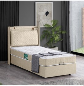 Resim Setaymobilya Baza, Zagreb Tek Kişilik Baza + Başlık + Comfort Yatak, Krem 