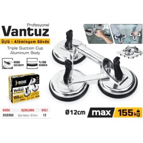 Resim SGS956 - 155 kg Üçlü Vantuz Alüminyum Cam Seramik Fayans Ahşap Tutma Taşıma Vantuzu 12CM + 12CM + 12CM 