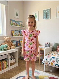 Resim Aliş Kids Kız Çocuk Pamuklu Pembe Mantar Desenli Kısa Kollu Kolları Fırfırlı Şortlu Yazlık Pijama Takımı 