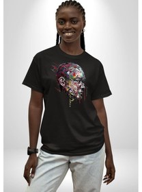 Resim İnsan Kafası Sulu Boya Pamuklu Bisiklet Yaka Unisex Oversize Boyfriend Dijital Baskılı Siyah T-shirt Siyah 