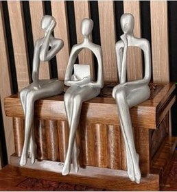 Resim Modern Soyut Düşünür Heykel Seti, 3'lü, Gümüş, Büyük Boy Reçine Ev ve Ofis Dekoru 