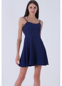 Resim Feminist Saks İnce Askılı Sırt Dekolteli V Yaka Kloş Abiye Elbise & Mezuniyet Elbisesi 0104026.26 Saks 