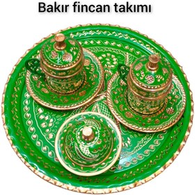 Resim SAFİR ÇAY KAZANLARI Yeşil Bakır Kahve Fincan Takımı Bakır Kahvelik 2 kişilik bakır kahve fincan takımı Yeşil Hicivli 