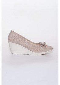 Resim Dilimler Ayakkabı Dolgu Taban Lazer Kesim Bej Kadın Topuklu Ayakkabı-75-Bej 