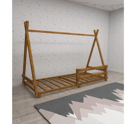 Resim Panda Doğal Ahşap Bebek ve Çocuk Montessori Karyola Meşe Renk 