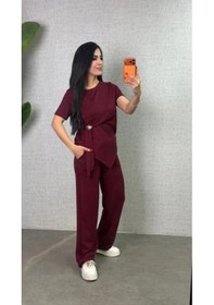Resim Efnaz Style Kadın Kısa Kollu Bisiklet Yaka Yandan Toka Detaylı Viskon Iki Iplik Bluz Ve Pantolon Ikili Takım Bordo 