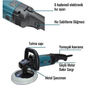 Resim Elektrikli Devir Ayarlı Polisaj Makinesi 1800W, Güçlü ve Çok Amaçlı Kullanım 