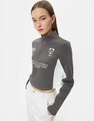 Resim Şardonlu Yarım Fermuarlı Sweatshirt Crop Dik Yaka Renk Bloklu 