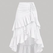 Resim Boho Şık Kayısı Yazlık Etek Kadınlar İçin - Yüksek-Düşük Fırfır Kenar, İpli Katmanlı Katmanlı Etek, Partiler ve Günlük Öğle Yemeği için Mükemmel, Makinede Yıkanabilir, Tüm Sezon Giyim, Maksi Etek 