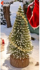 Resim 2 Adet Sarı 10 Cm Kar Efektli Küçük Yılbaşı Ağacı - Altın Top Süslemeli Dekoratif Çam Ağacıt T-332, Sarı 